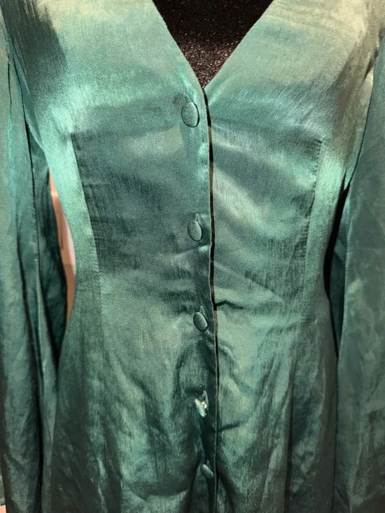 L'Academie Emerald Satin V-Neck Button Mini Dress - Picture 5 of 9